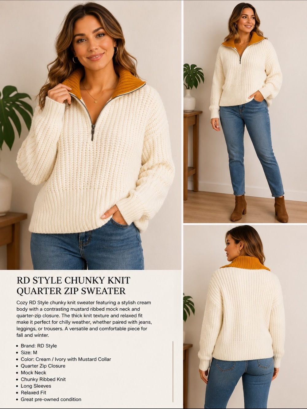 RD Style Chunky Knit Quarter Zip Sweater Cream & Mustard Mock Neck Women’s M